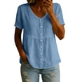 thumbnail image 2 of Craaazy Women's Casual V Neck Blouse, Solid Color Short Sleeve Button Down Shirt, Loose Fit Comfy Breathable Cotton Linen Tops for Daily Wear Gifts, 2 of 6