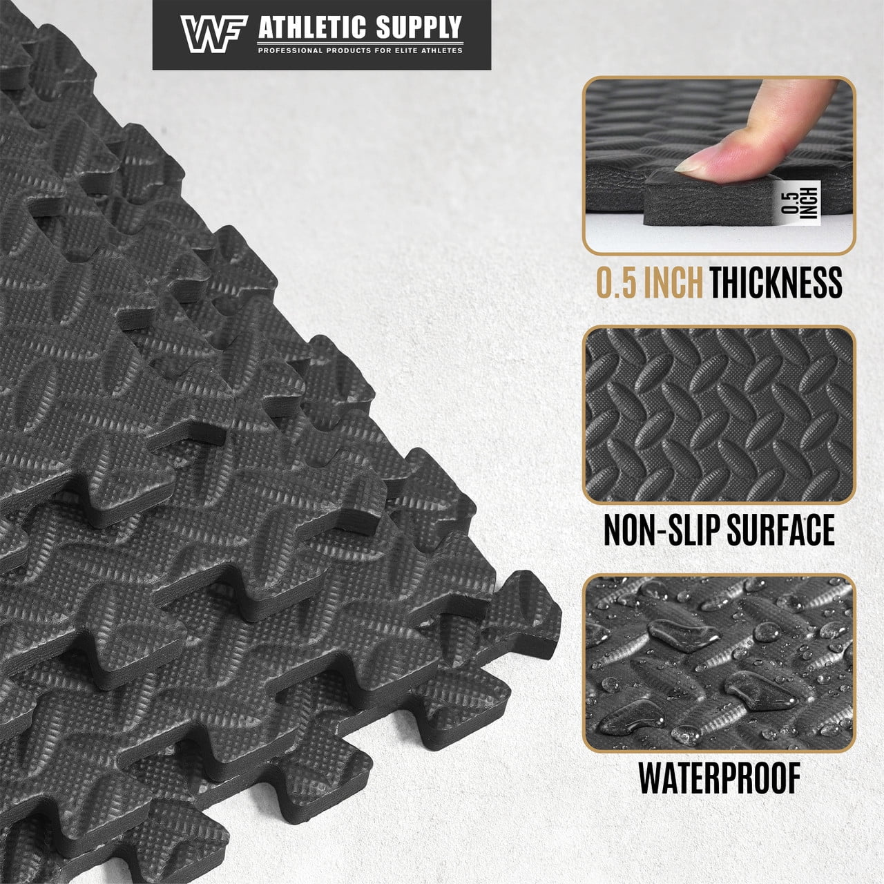 WF Athletic Supply 48 SQ.FT Diamond Pattern 1/2-Inch Thickness Interlocking Exercise Foam Mats, Extra Thick Eva Foam Flooring Tiles, Gym Fitness Equipment Mat, Home Protective Flooring Cushion, Black