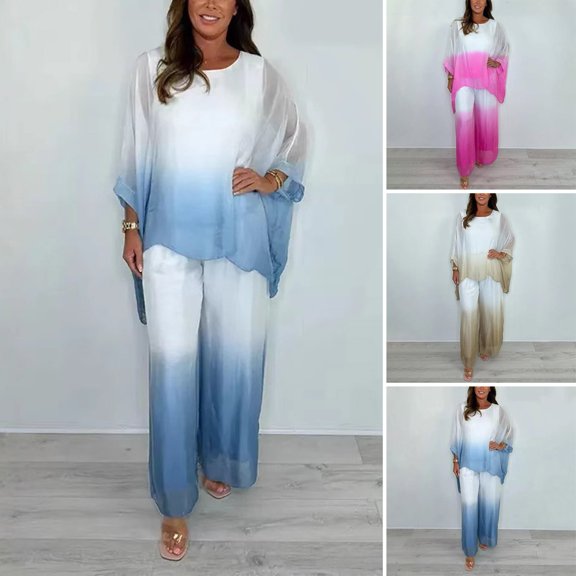 ZenCart Summer Chiffon Gradient 2 Piece Set for Women Plus Size Crew Neck Top Wide-leg Pant Set Casual Loungewear Outfit