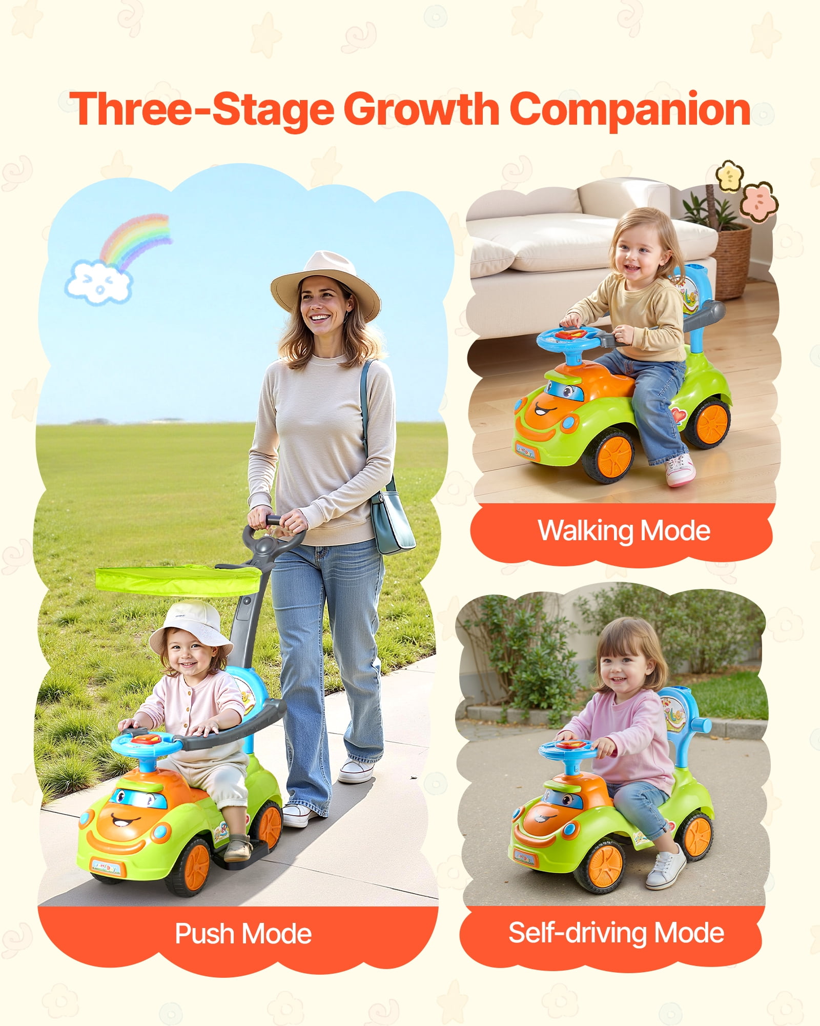 VEVOR Ride On Push Car, Push Car for Toddler 19 to 36 Months, Around Buggy with Guardrails, Handle & Under-seat Storage, 55 lbs Load Capacity, Foot-to-Floor Walker for Boys Girls, Green