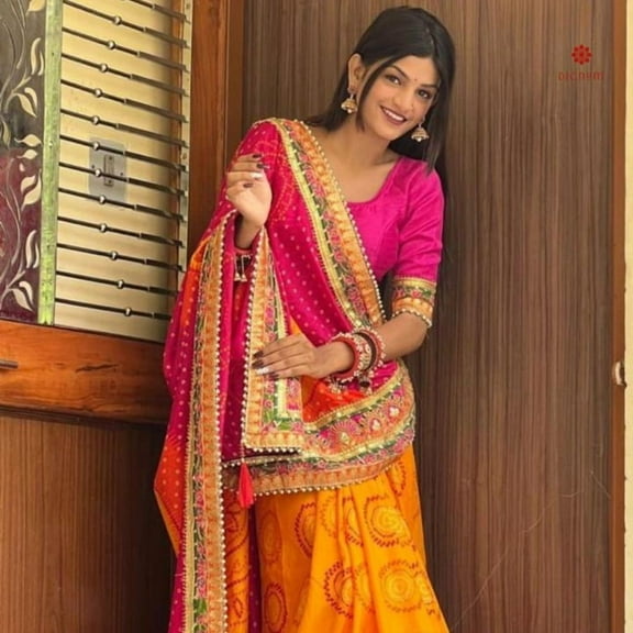 Hot Pink and Yellow Dola Silk Bandhej Saree