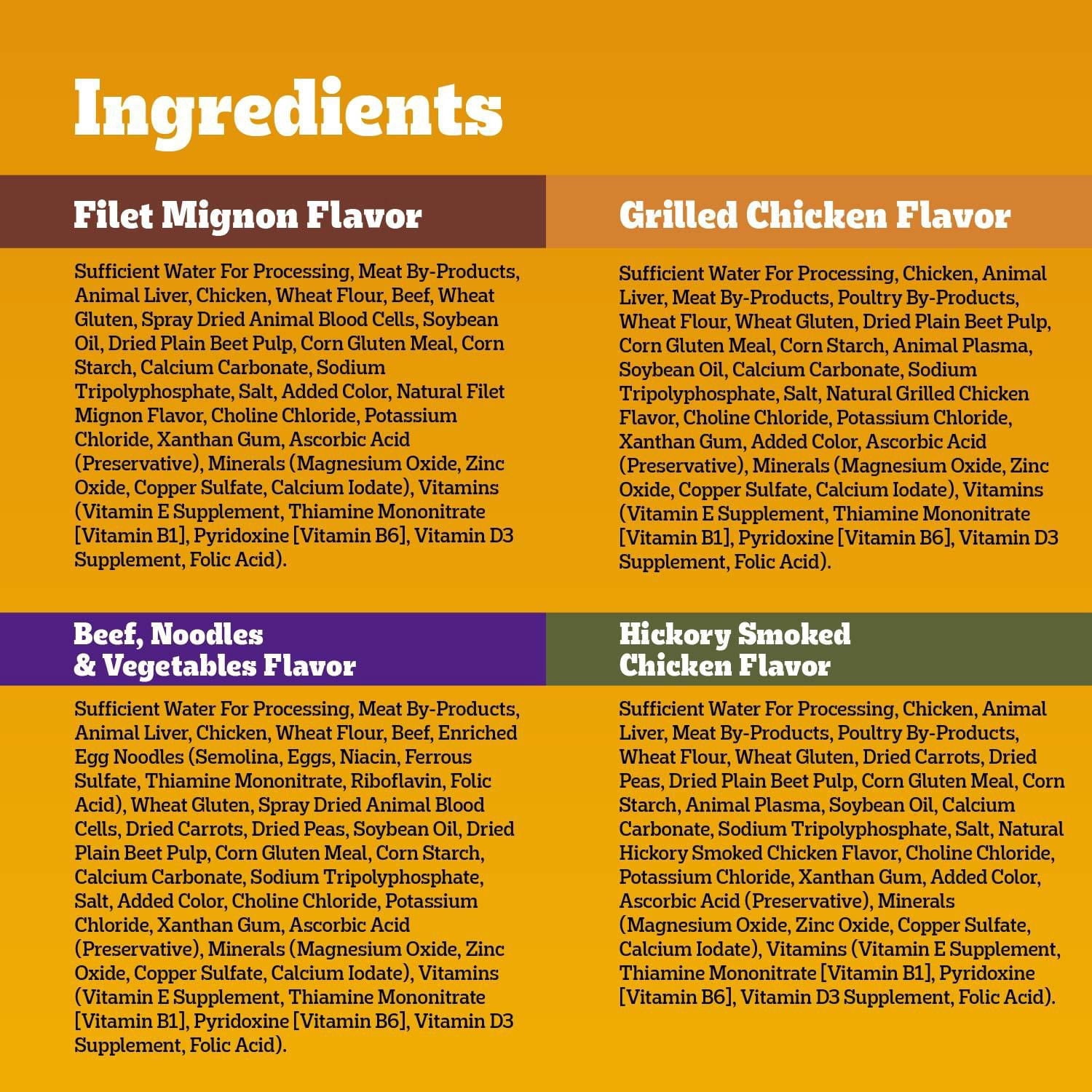 Nourriture humide pour chiens adultes PEDIGREE COUPES DE CHOIX AU JUS saveur de filet mignon, saveur de bœuf, nouilles et légumes, saveur de poulet grillé et saveur de poulet fumé à l’hickory en forma