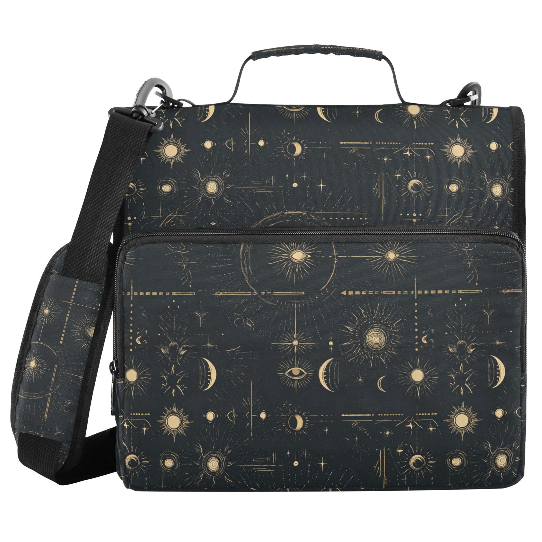Zipper Binder Gold Stars Sun Moon 1.5 Inch Binder Folder Bag with Shoulder Strap and Handle