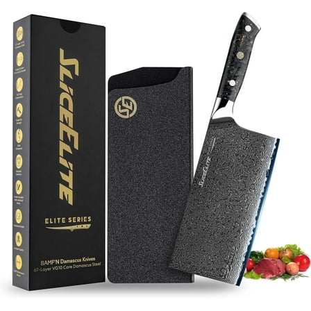 Elite Series 7-Inch Meat Cleaver – VG10 Damascus Steel, Carbon Fiber Handle, Dual Sheath