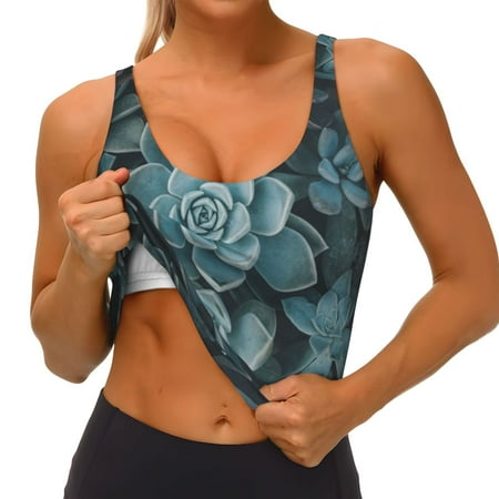 Qokaie Blue Color Cactus Pattern Womens Scoop Neck Sports Bra Breathable Workout Vest Padded U Back Medium Impact Fitness Gym Yoga Bra Workout Crop Top