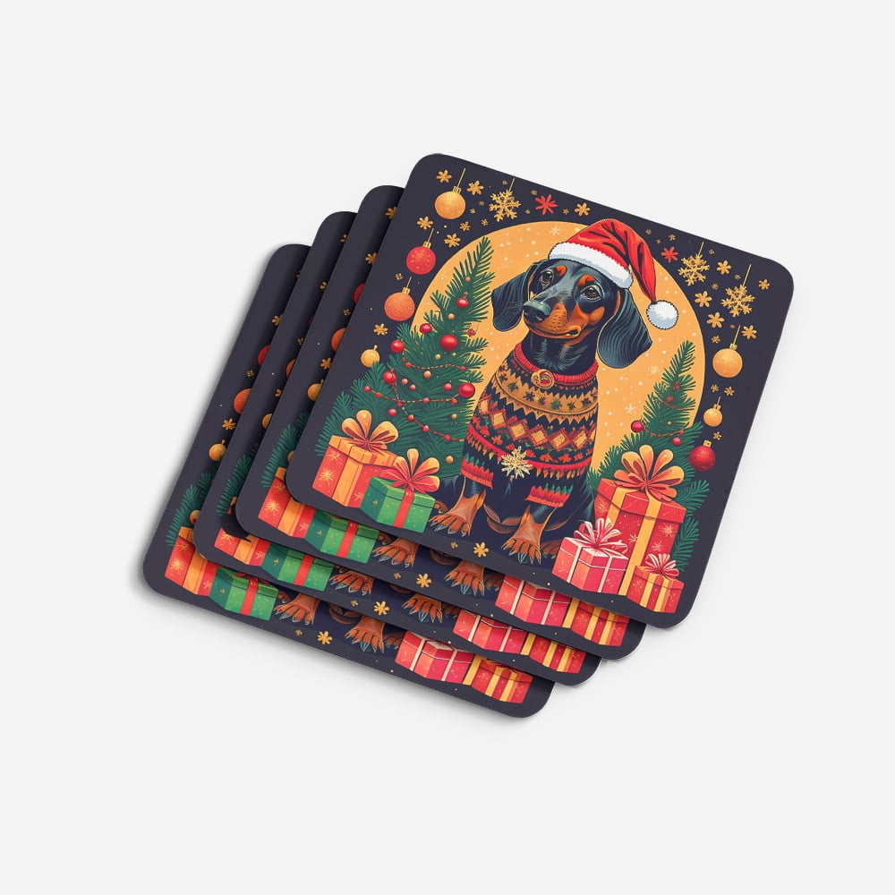 Black and Tan Dachshund Christmas Foam Coaster Set of 4 3.5 in x 3.5 in
