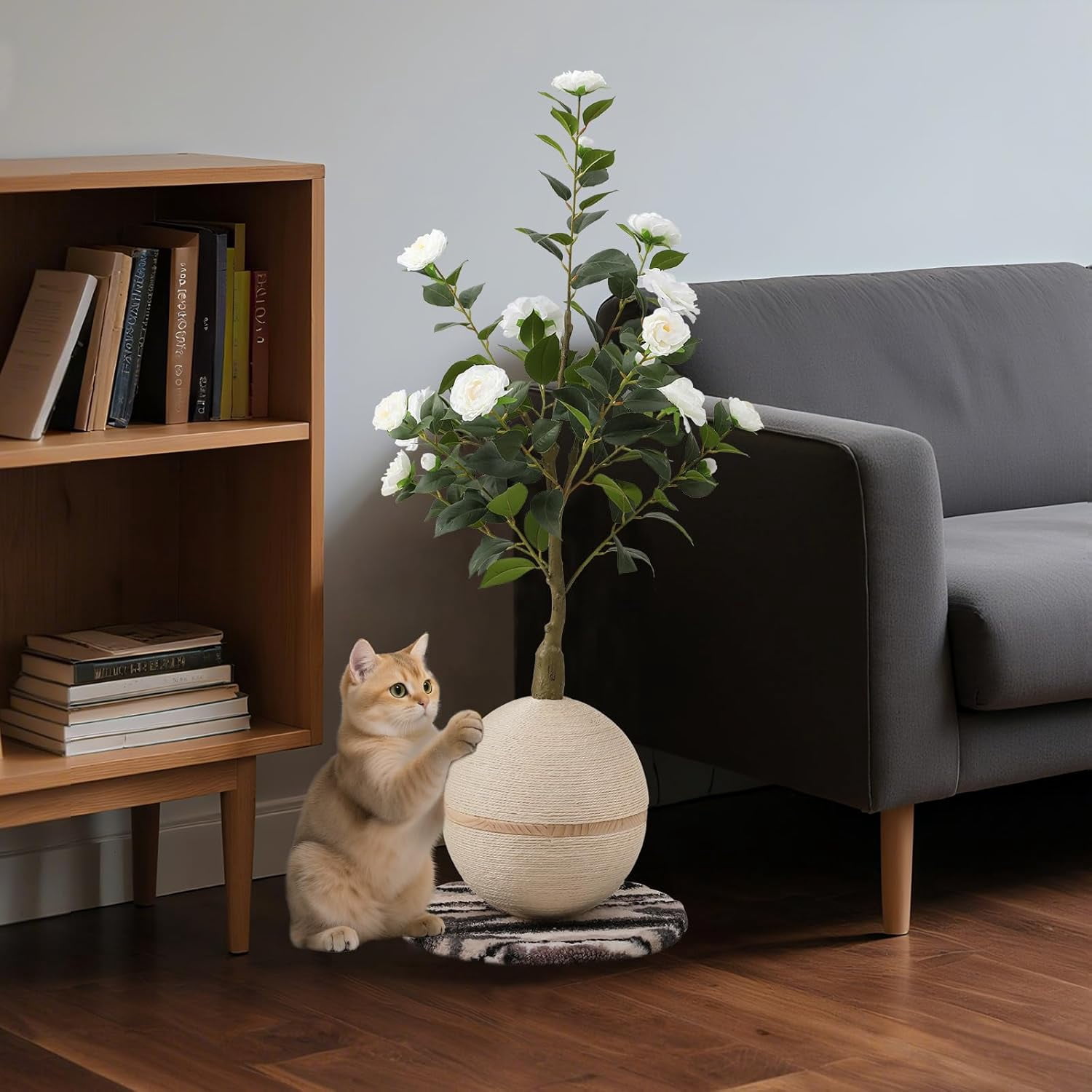 Scratching Post with Artificial Camellia Tree and Sisal Rope Ball, Modern Flower Decor for Indoor Cats