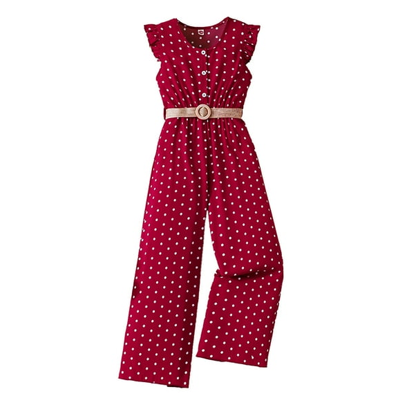 Tfken Summer Girls Jumpsuit Fly Sleeve Crew Neck Polka Dot Print Button Onesie With Belt Trendy Daily Wear Children Comfortable Bodysuit Red Size 10-11 Years