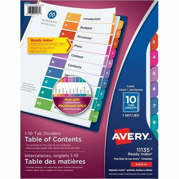 Avery Ready Index 10 Tab Dividers, Customizable TOC, 1 Set (11135)