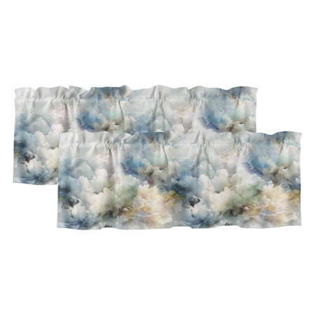 Blue White Ombre Valances for Windows 2 Panels,Light Filtering Kitchen Curtains Window Valance for Living Room,Watercolor Cloud Geometric Abstract Art Rod Pocket Short Window Treatments 42"Wx12"L