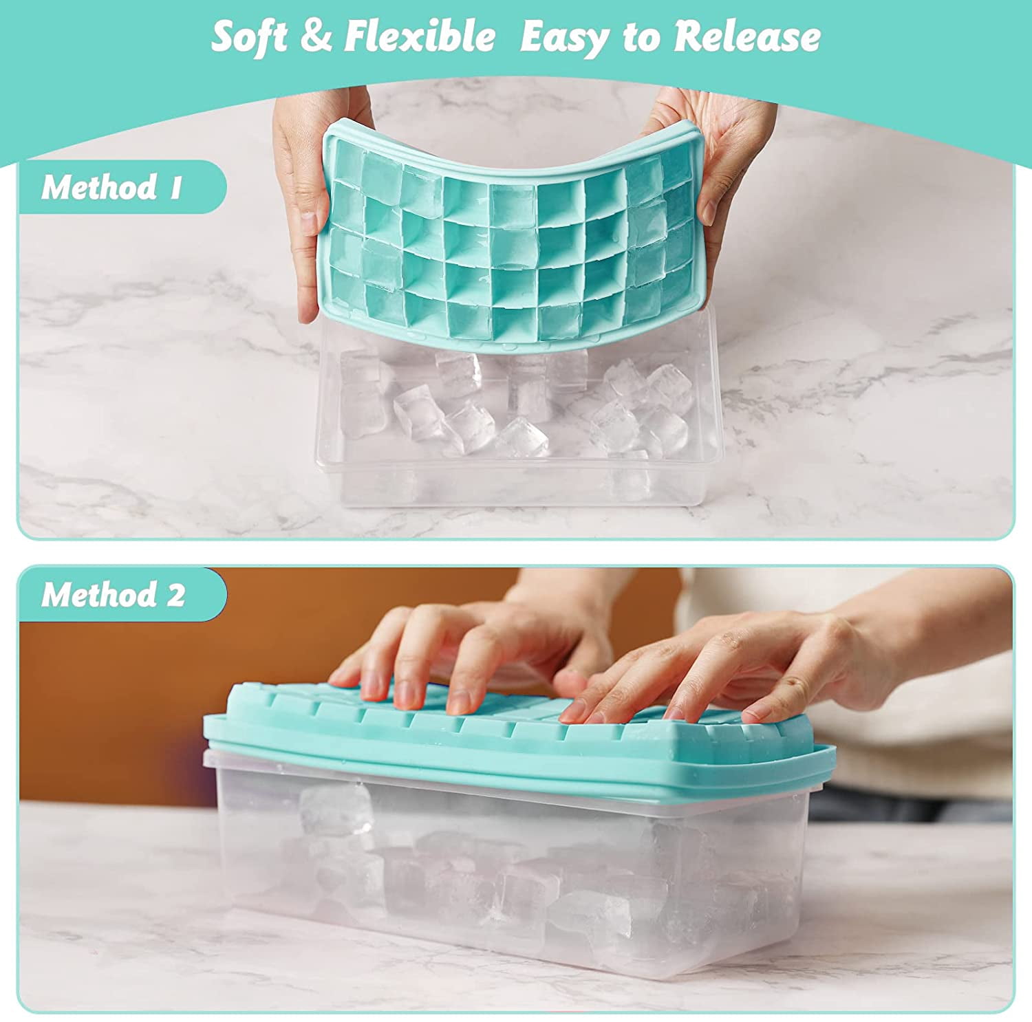 Ice Cube Tray With Lid and Bin,2*36 Nugget Food-grade Silicone Ice Tray,Flexible Ice Cube Molds Comes with Ice Container, Scoop and Cover (Green, 2*36 cubes Silicone suits)