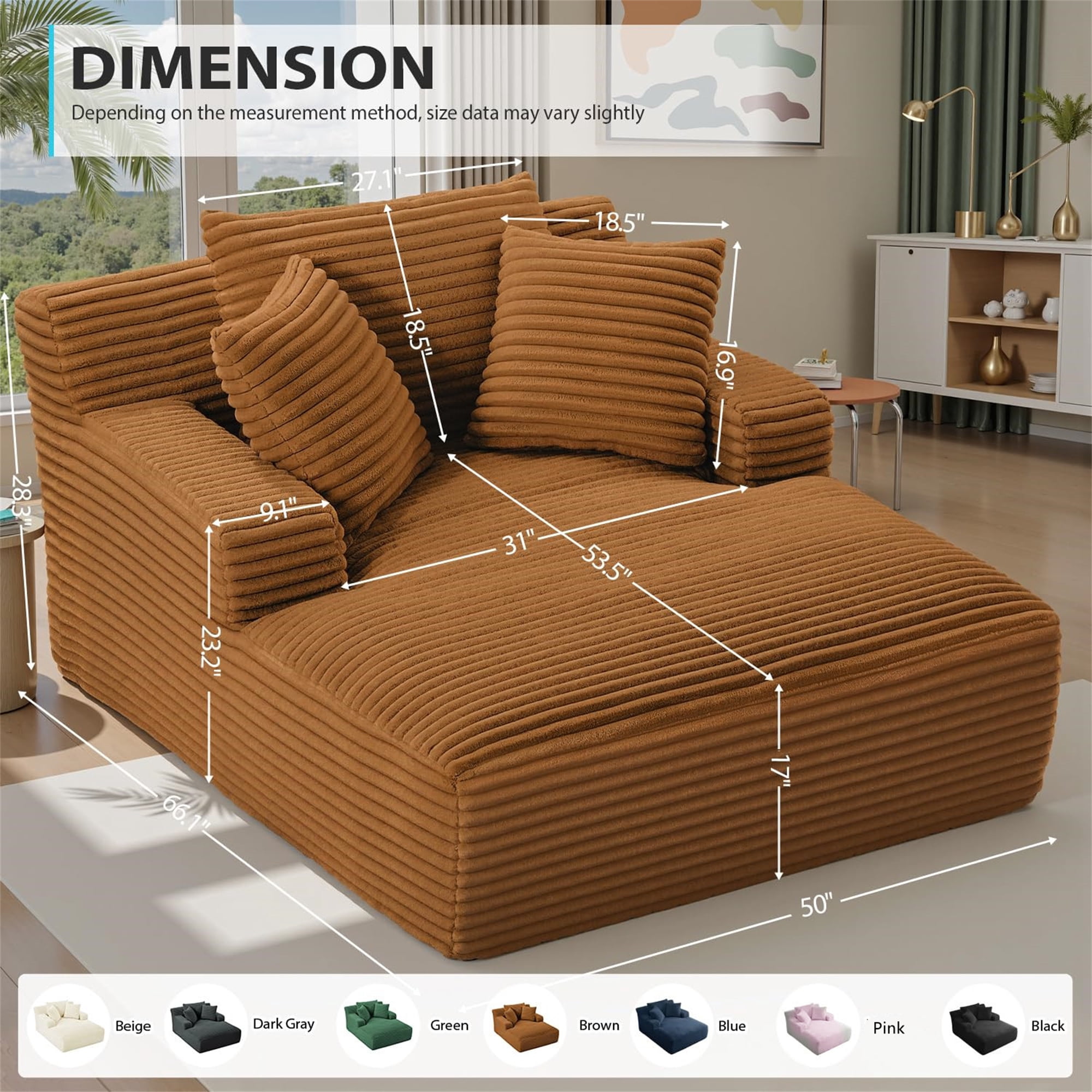 Aukfa 66" Oversized Chaise Lounge Indoor Chair Boneless Couch for Living Room Bedroom, 3Pillows, Orange