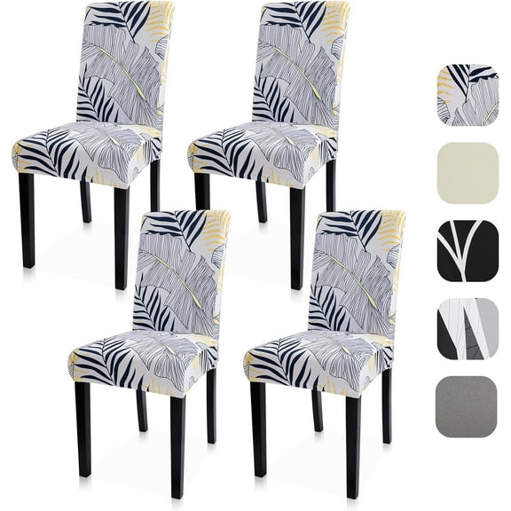 Dining Room Chair Covers Set of 4, Stretch Spandex Kitchen Chair Covers, Removable Parsons Chair Protectors for Home Decorations, Hotel, Estaurant, Leaf White