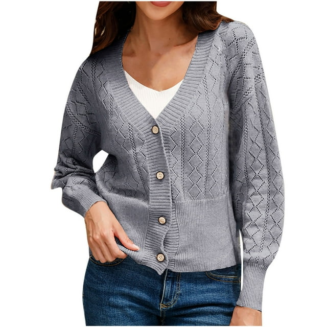 Suéteres Para Mujer Cardigan Suéteres Casual Color Sólido Botón Suelto Top de Punto Suéter de Manga Larga Con Cuello en V Odeerbi ODB146173
