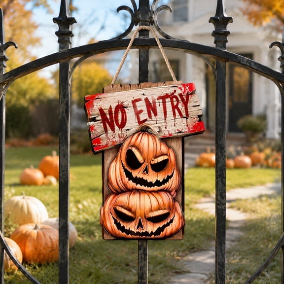 Halloween Wooden Hanging Sign Spooky Pumpkin NO ENTRY Door Plaque Outdoor Front Porch Yard Decor
