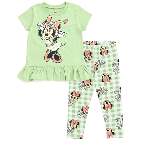 Disney Minnie Mouse Floral Toddler Girls Peplum T-Shirt and Leggings Outfit Set Green 4T