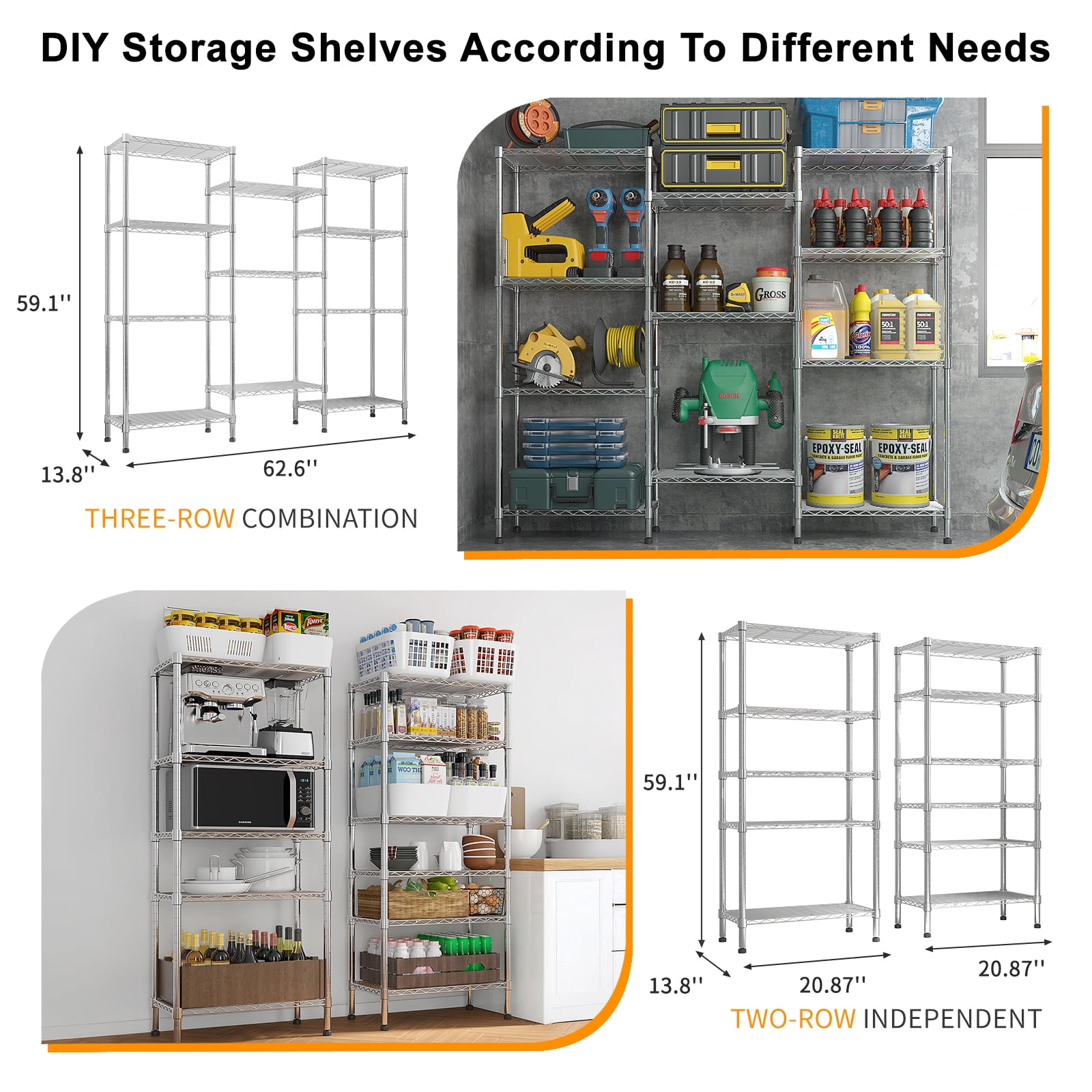 Ktaxon 3-Rows 1430LBS Heavy Duty Wire Shelving, 4-Tier Steel Garage Storage Rack, Adjustable DIY Metal Commercial Shelving for Garage Pantry Storage Organizer, 62.9"W x 13.8"D x 59"H