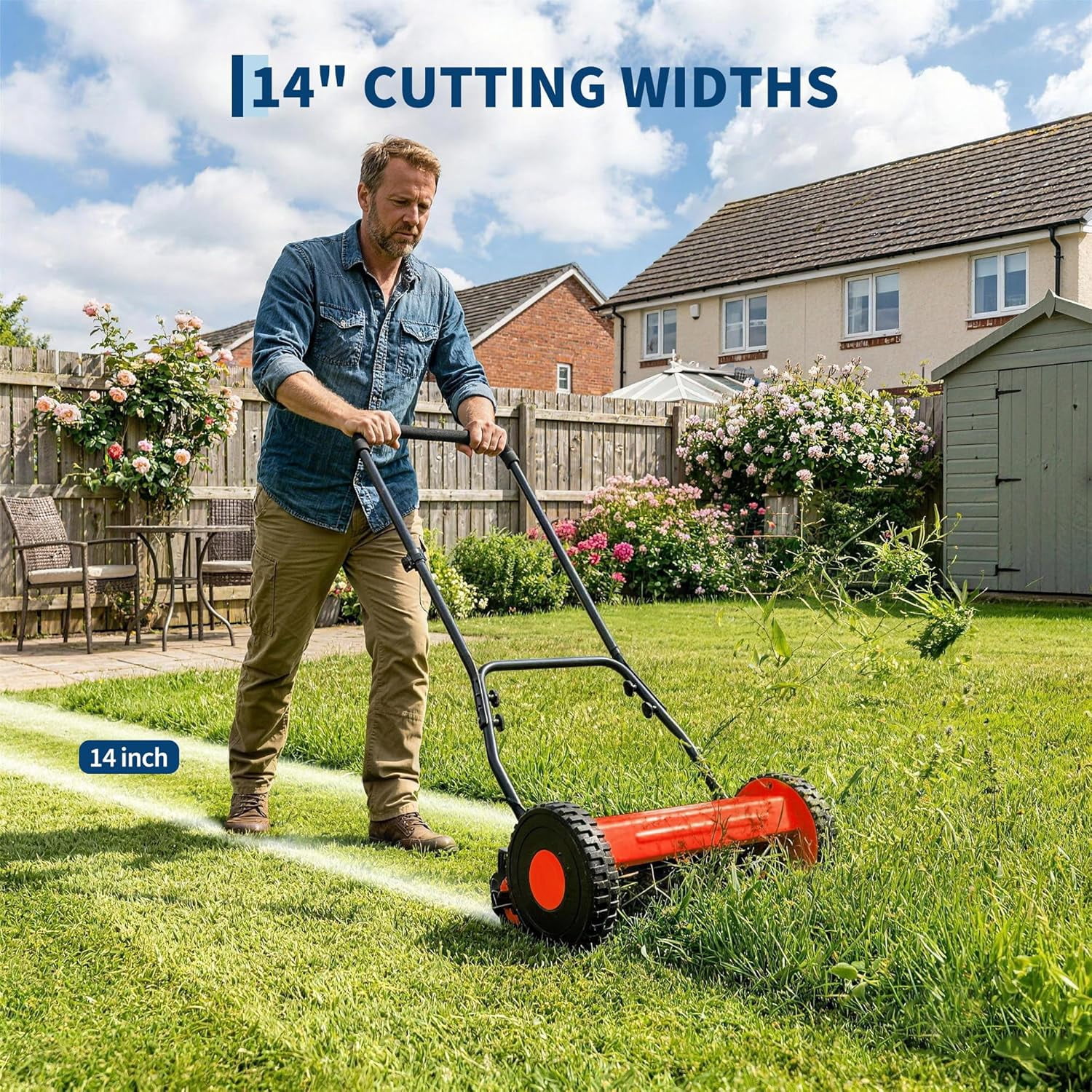 14in Push Reel Lawn Mower 5-Blade Manual Walk-Behind Mower Adjustable Cutting Height Compact Quiet for Small Yards and Easy Lawn Care