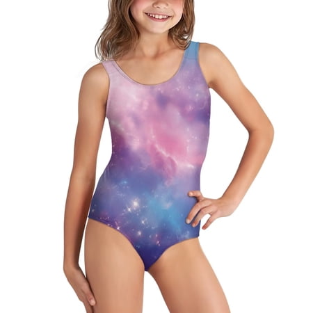 Uorisanigo Kids One Piece Swimsuit Girls Pink Purple Galaxy Bathing Suit Swimwear with Crossback Straps Swimming Lessons Swimwear Size 5-6