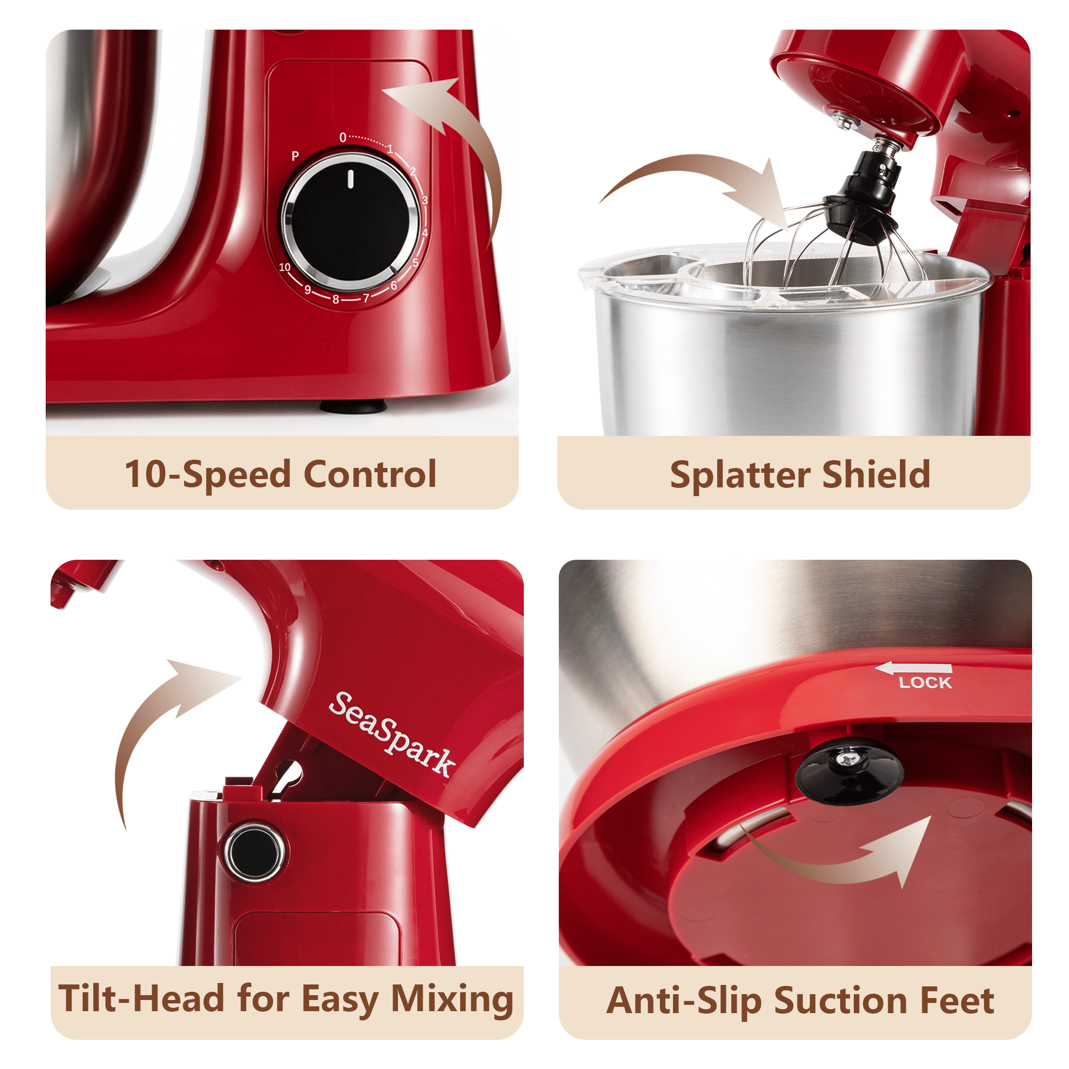 SeaSpark 3-in-1 Stand Mixer, 5.5 QT Tilt-Head 10-Speed Electric Stand Mixer, Food Mixer with Dough Hook, Beater, Whisk, Red
