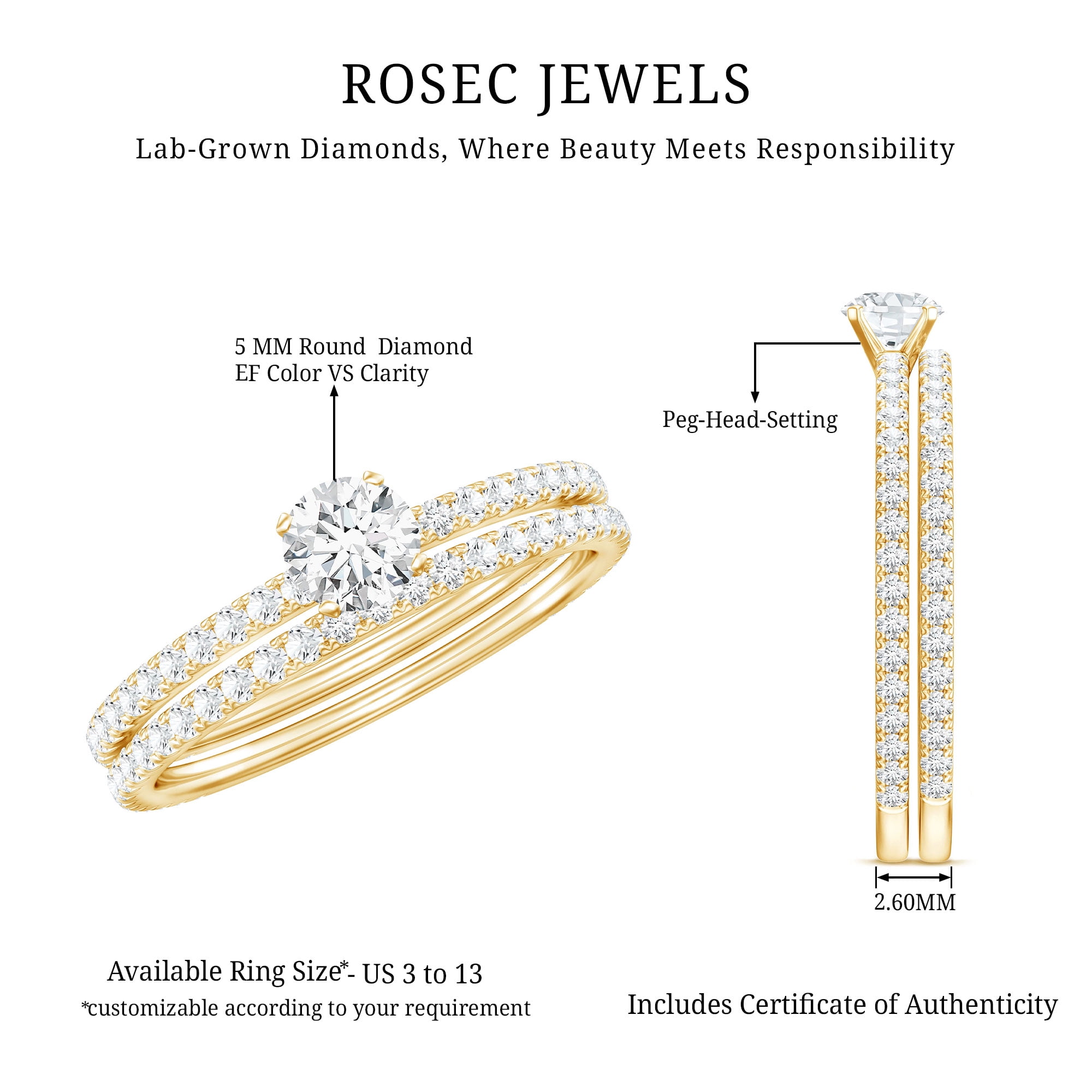 Rosec Jewels Wedding Rings Set for Women - Lab Created Diamond Engagement Ring with Band (Ef-Vs Quality), 10K Yellow Gold, US 4.00