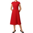 thumbnail image 1 of Vestido plisado de mujer Inspire Chic con cuello simulado, mangas cortas, ceñido a la cintura, estilo A, color rojo, 1 of 6