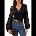 thumbnail image 2 of Tops de Encaje con Escote en V Profundo para Mujer, Elegantes, de Larga, Tipo Farol, Cortos, Ajustados, para Salir en Negro L, 2 of 9