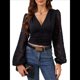 thumbnail image 2 of Tops de Encaje con Escote en V Profundo para Mujer, Elegantes, de Larga, Tipo Farol, Cortos, Ajustados, para Salir en Negro L, 2 of 9