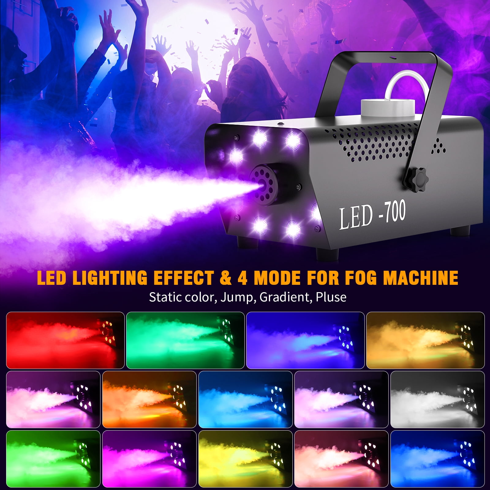 700W Fog Machine with 15 Colorful LED Lights Effect, 3000CFM, Remote Control - for Weddings, Halloween, Parties & Stage Shows