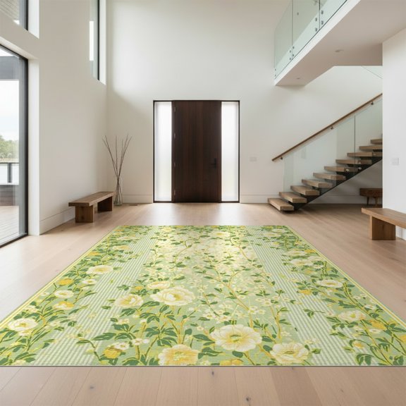 Design&I 8'x10' Washable Area Rug Extra Large Skid-Resistant Low Profile Funky Occult Abstract Botanical Striped Border Surreal Aesthetic for Living Room, Family