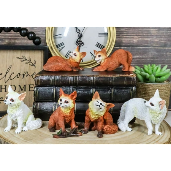 Set Of 6 Whimsical Pet Pals Playful Red And White Baby Fox Cubs Mini Figurines
