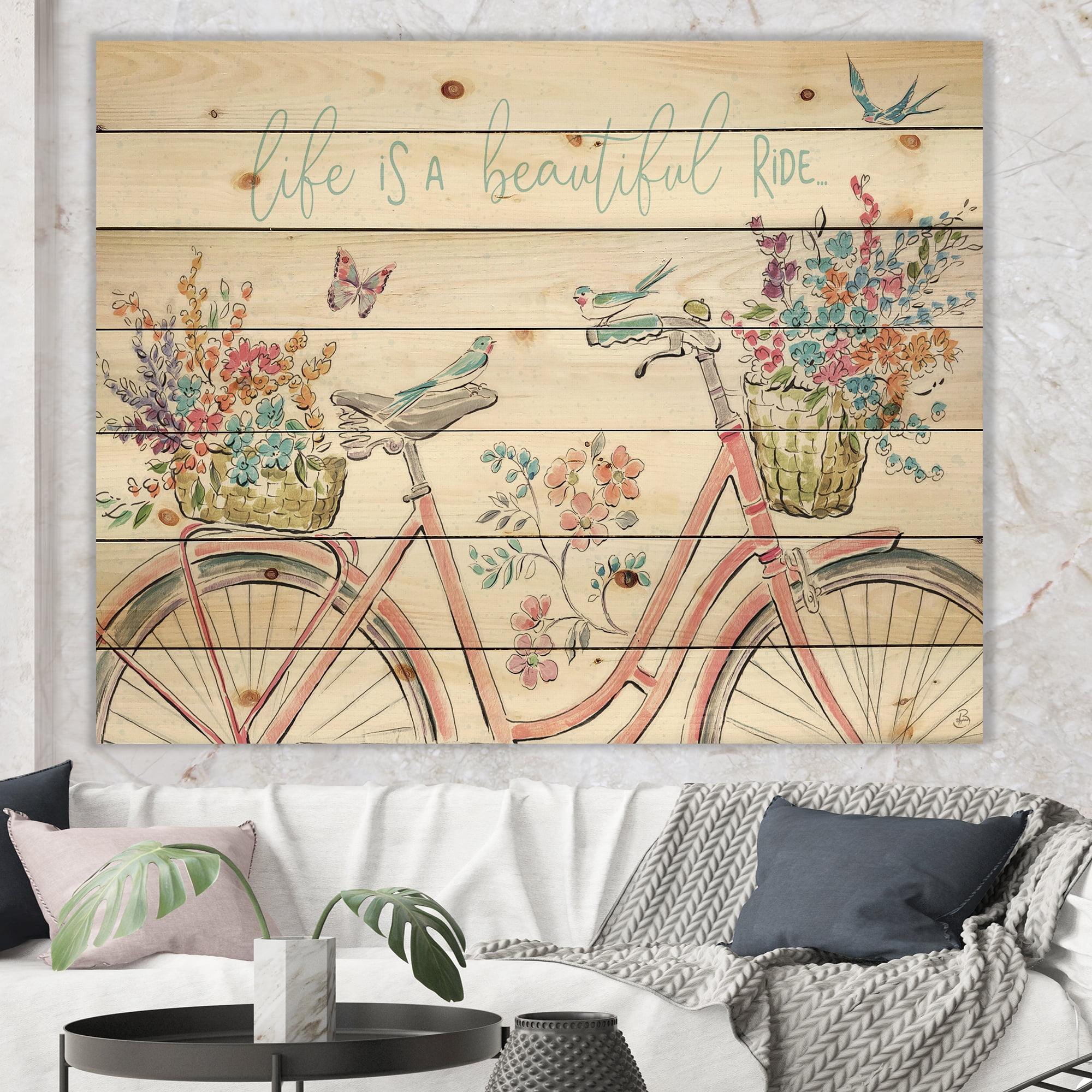 Designart 'Spring Bike Bouquet' French Country Print on Natural Pine Wood