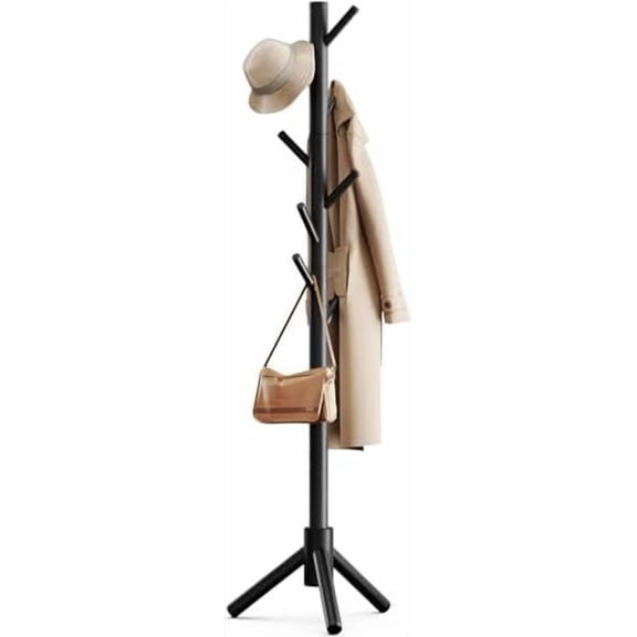 Sturdy Wooden Coat Stand, 3 Adjustable Sizes Coat Tree with 8 Hooks, Coat Stands for Hallway Entryway, Hat Stand for Clothes, Used in Bedroom/Office/Hallway/Entryway, Black