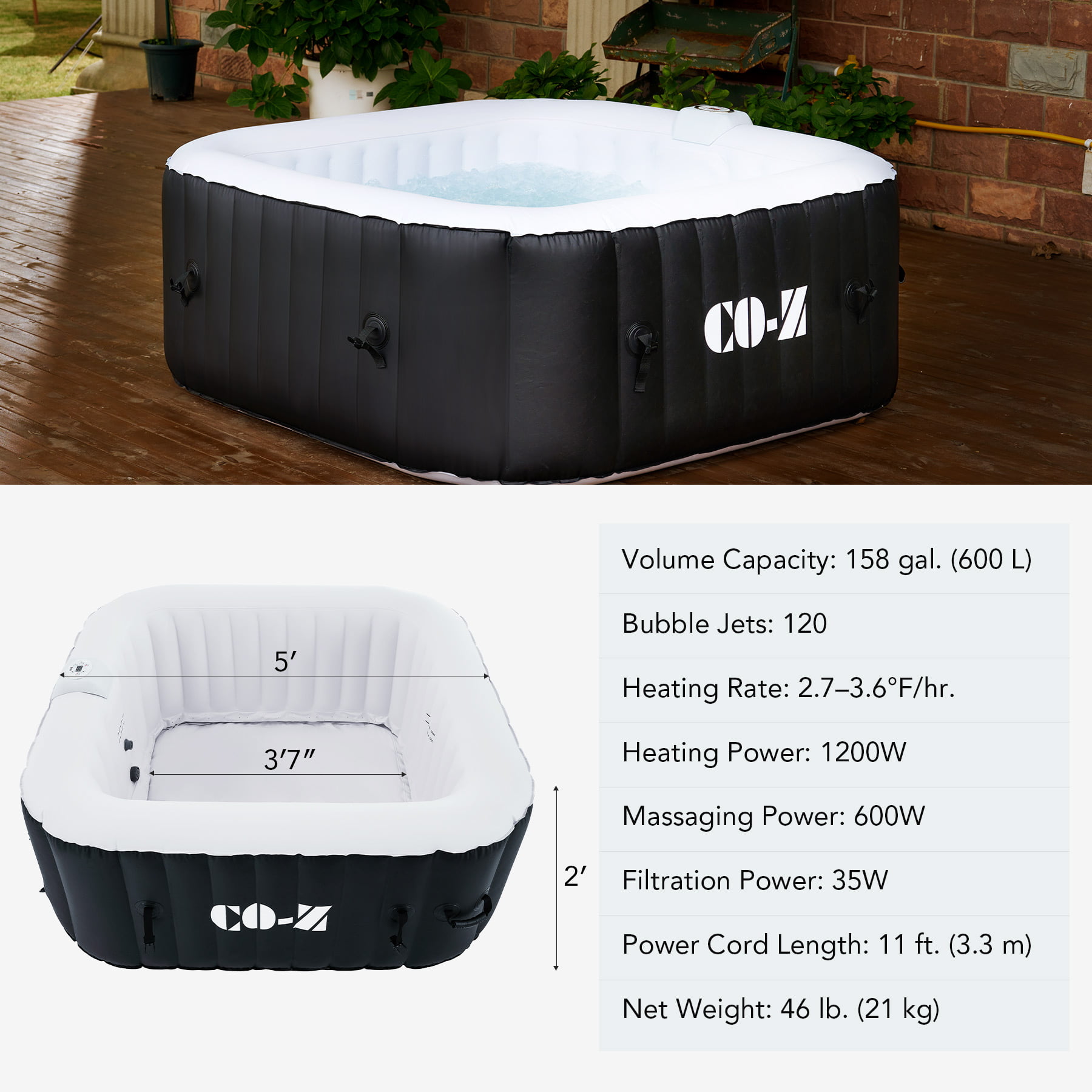 4 Person Blow Up Portable Hot Tub with 120 Bubble Jets Cover Black 5'x5' Outdoor Above Ground Pool and Bathtub with Electric Air Pump for Patio Backyard CO-Z Inflatable Hot Tub 