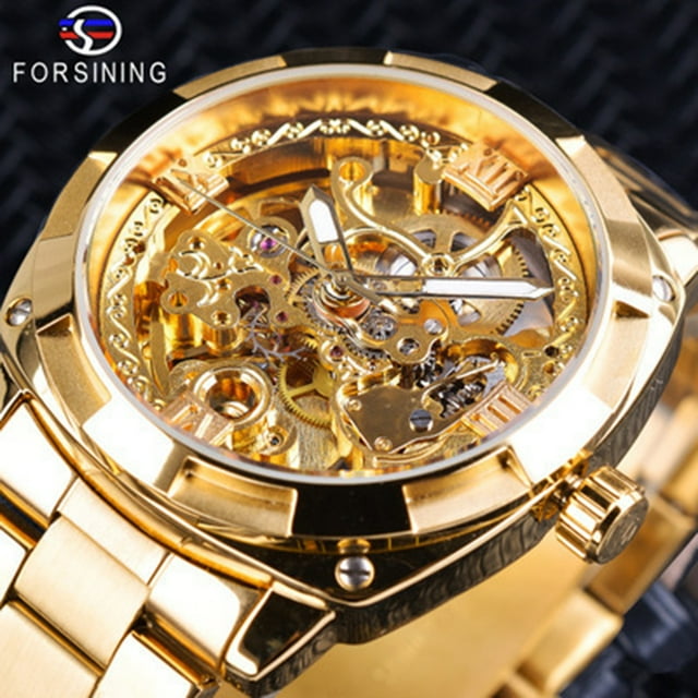 FORSINING Montres Mécaniques pour Hommes Squelette à Remontage Automatique Or Acier Inoxydable Étanche Montre-Bracelet pour Homme