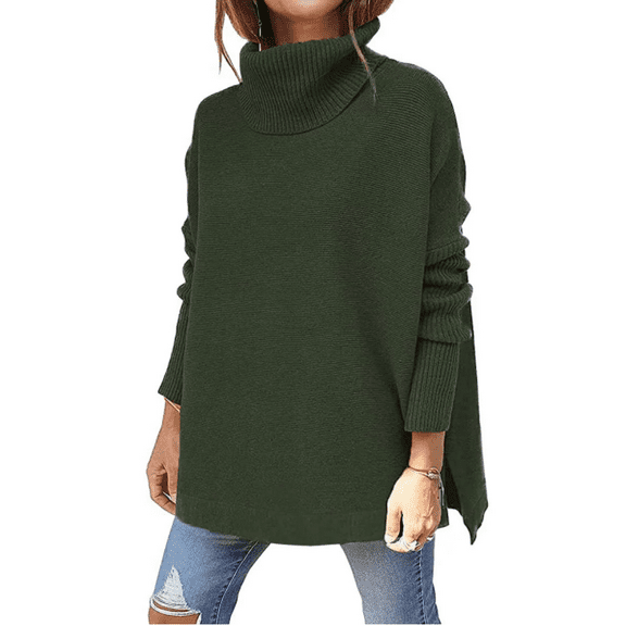 Women's Oversized Turtleneck Batwing Sleeve Spilt Casual Loose Knit Tunic Pullover Sweater Tops  Fall Outfits