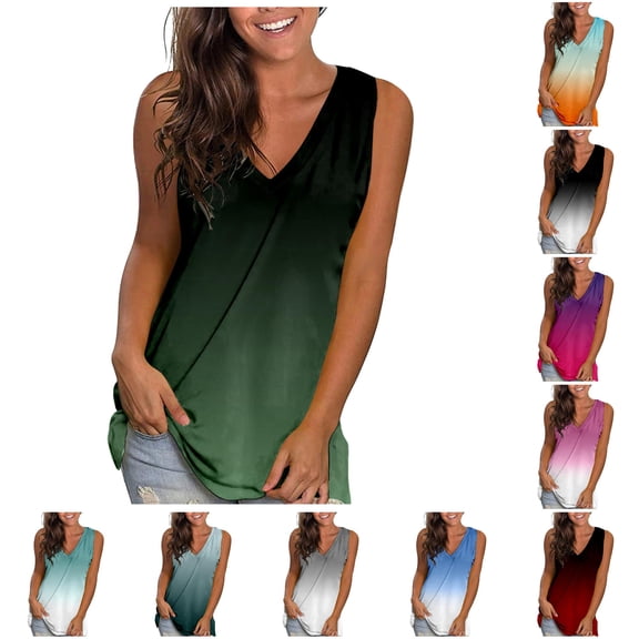 XIAONU Solid Gradient Tank Top for Women V Neck Sleeveless Casual Shirts Tops