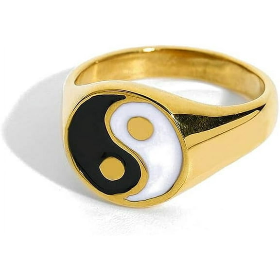 Fashion Yin Yang Band Ring for Women Men Stainless Steel 18k Gold Plated Cool Bands Tai Chi Balance Chinese Style Statement Personalized Middle Thumb Finger Rings for Best Friends