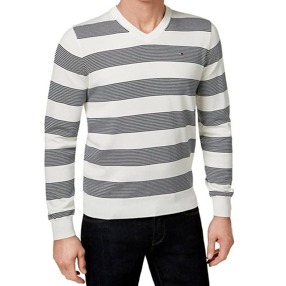 Tommy Hilfiger NEW White Navy Mens Size Medium M V-Neck Striped Sweater
