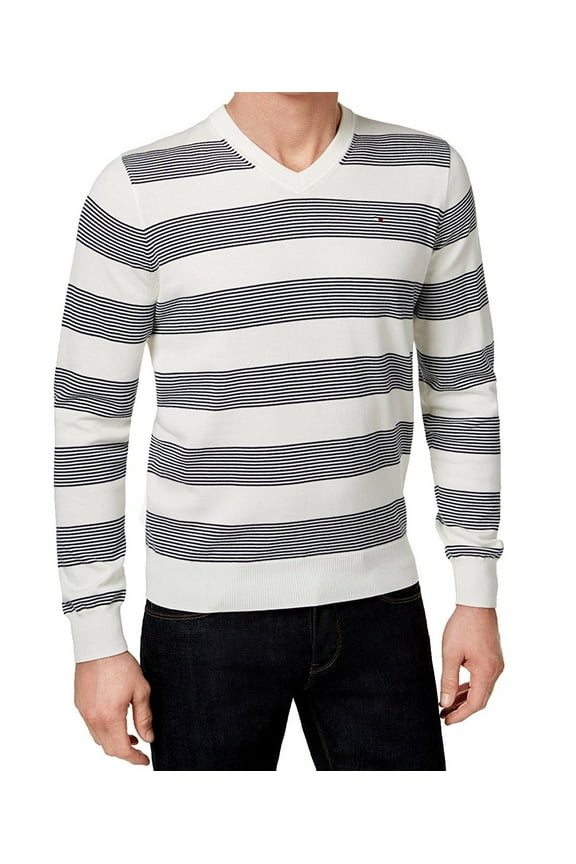 NEW White Navy Mens Size Medium M V-Neck Striped Sweater