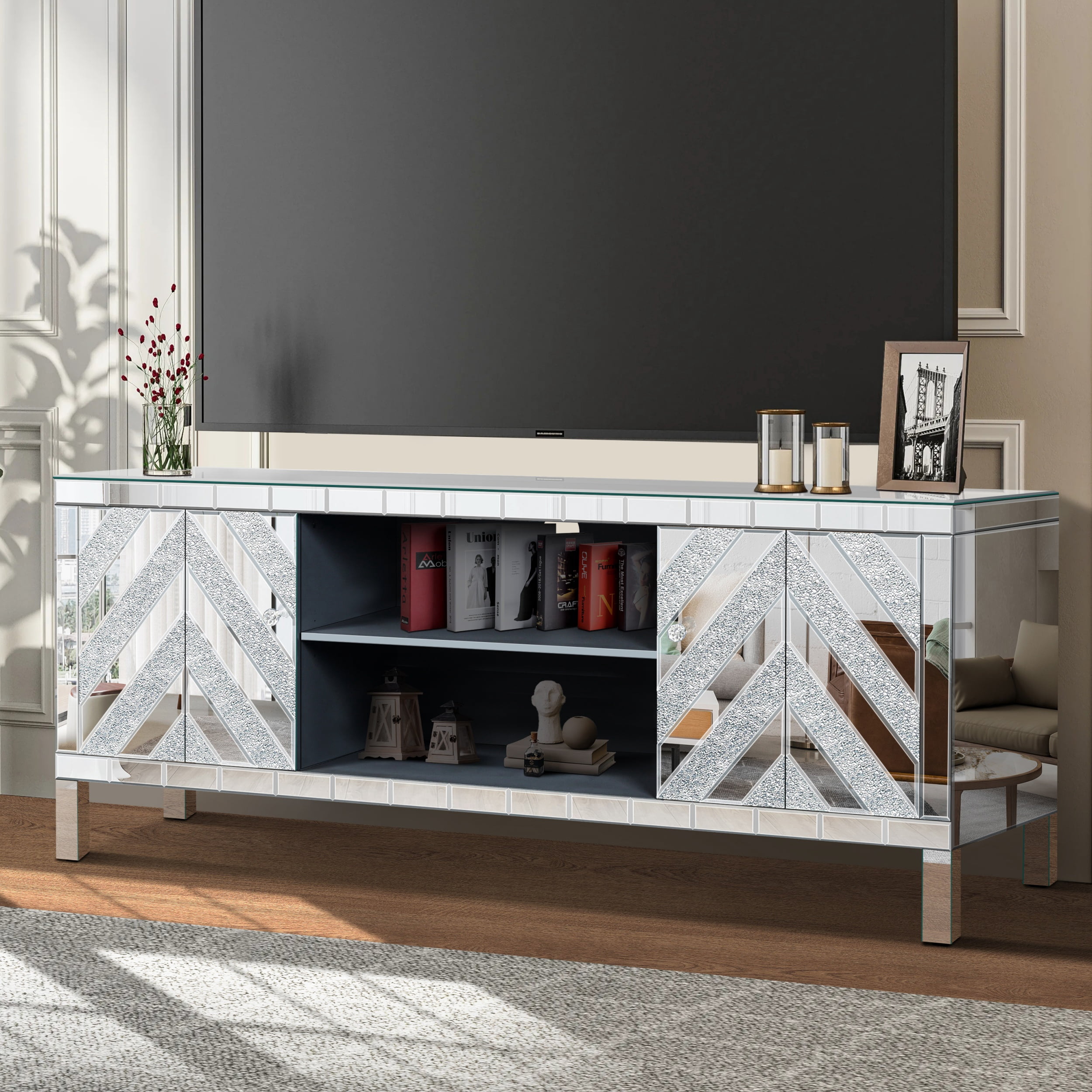 Atumcto Mirrored TV Stand for 65in TV, Silver Console with Storage Cabinets and Shelves, Modern Glam Entertainment Center for Living Room