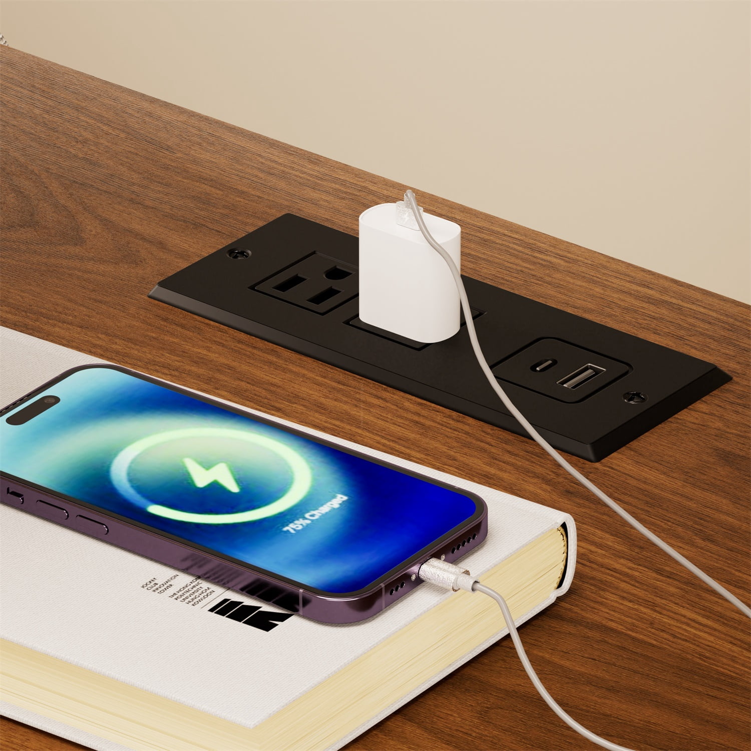 Hommoo 2-Pack Modern Nightstands with Built-in Type-C Charging Station, 2 AC Outlets & USB Port, Mid-Century Two-Drawer Bedside Tables for Bedroom, Living Room & Office, Walnut