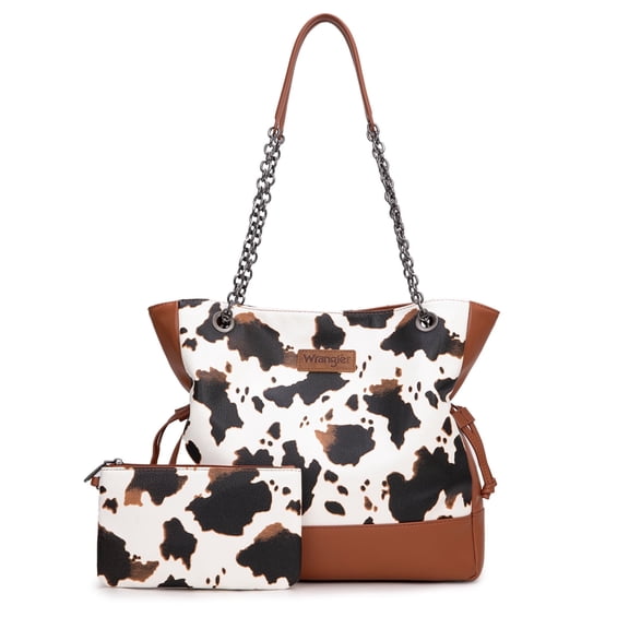 Wrangler Tote Bag for Women 2PCS Purses and Handbags Drawstring Shoulder Bag with Chain Straps, Cow-Brown