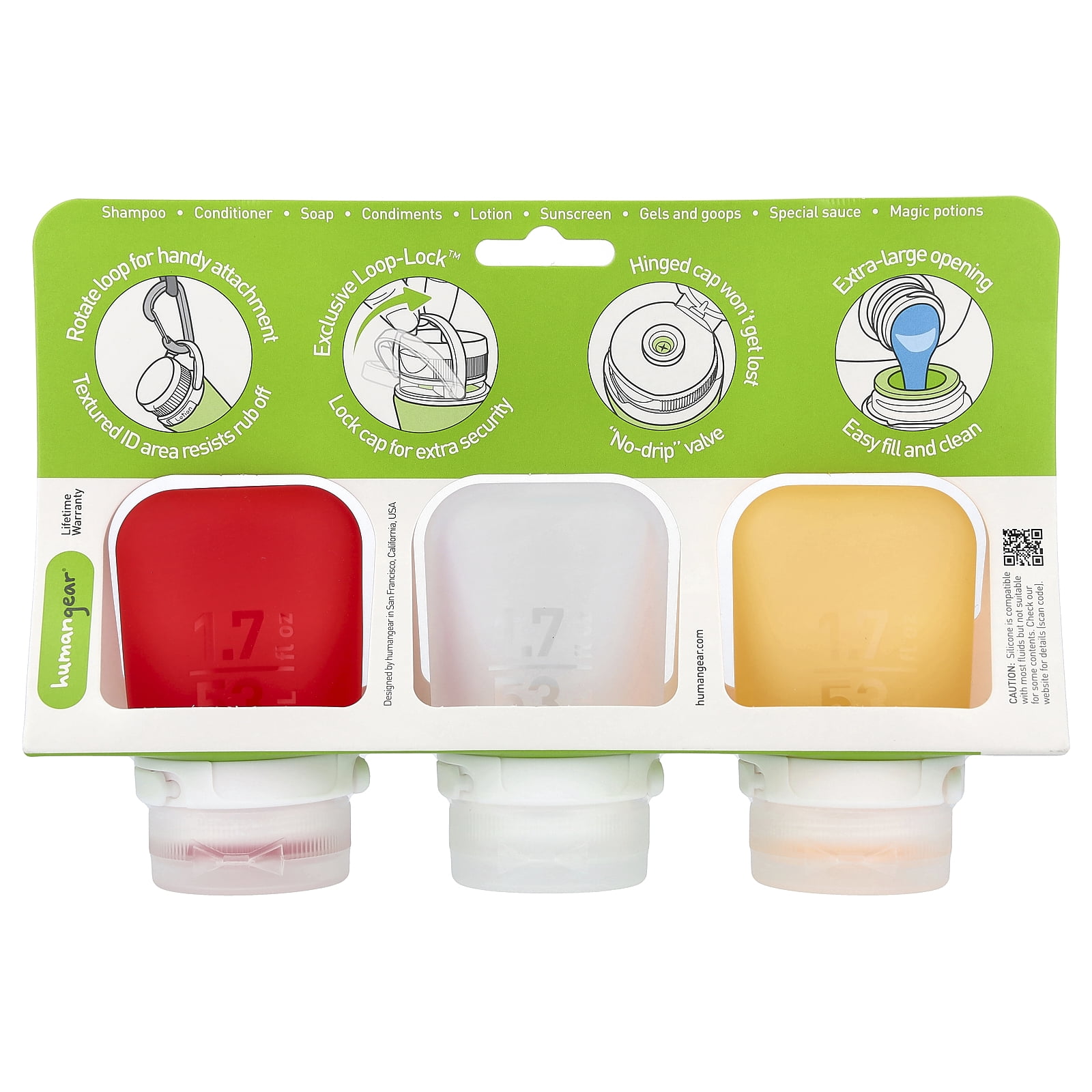 Humangear GoToob+ Soft Silicone Travel Bottle 3-Pack - Small - Clear/Red/Orange