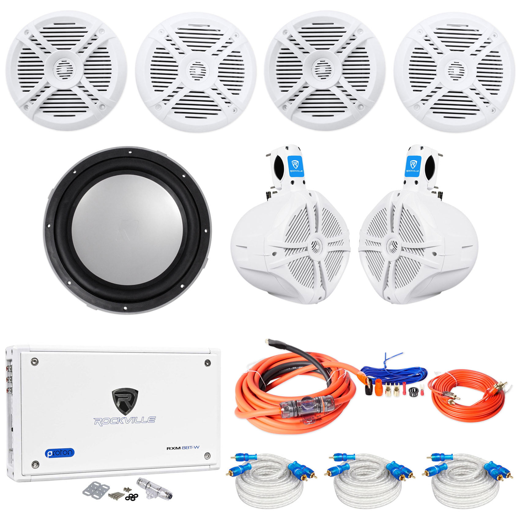 4 Rockville RMC80W 8 1600w Marine Boat Speakers+8 Wakeboards+6-Ch Amp+Wire Kit 