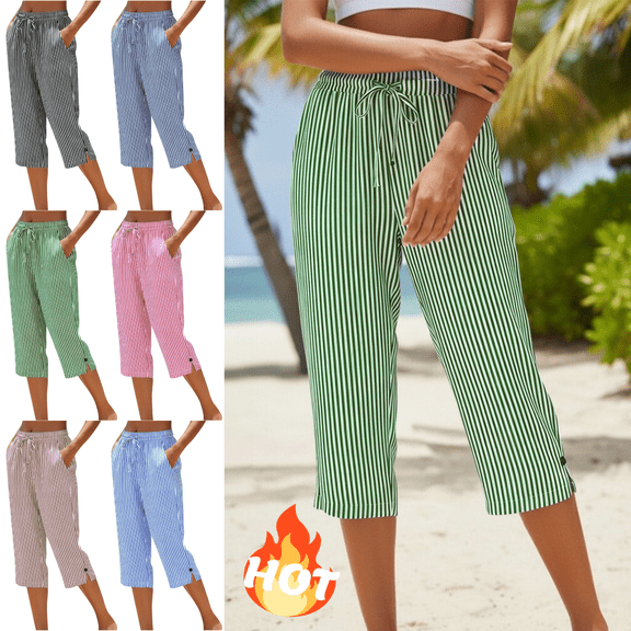 Mifsaly Striped Capri Pants for Women Elastic Waist Drawstring Linen Capris Summer Casual Wide Leg Cropped Trousers with Pockets XXXL