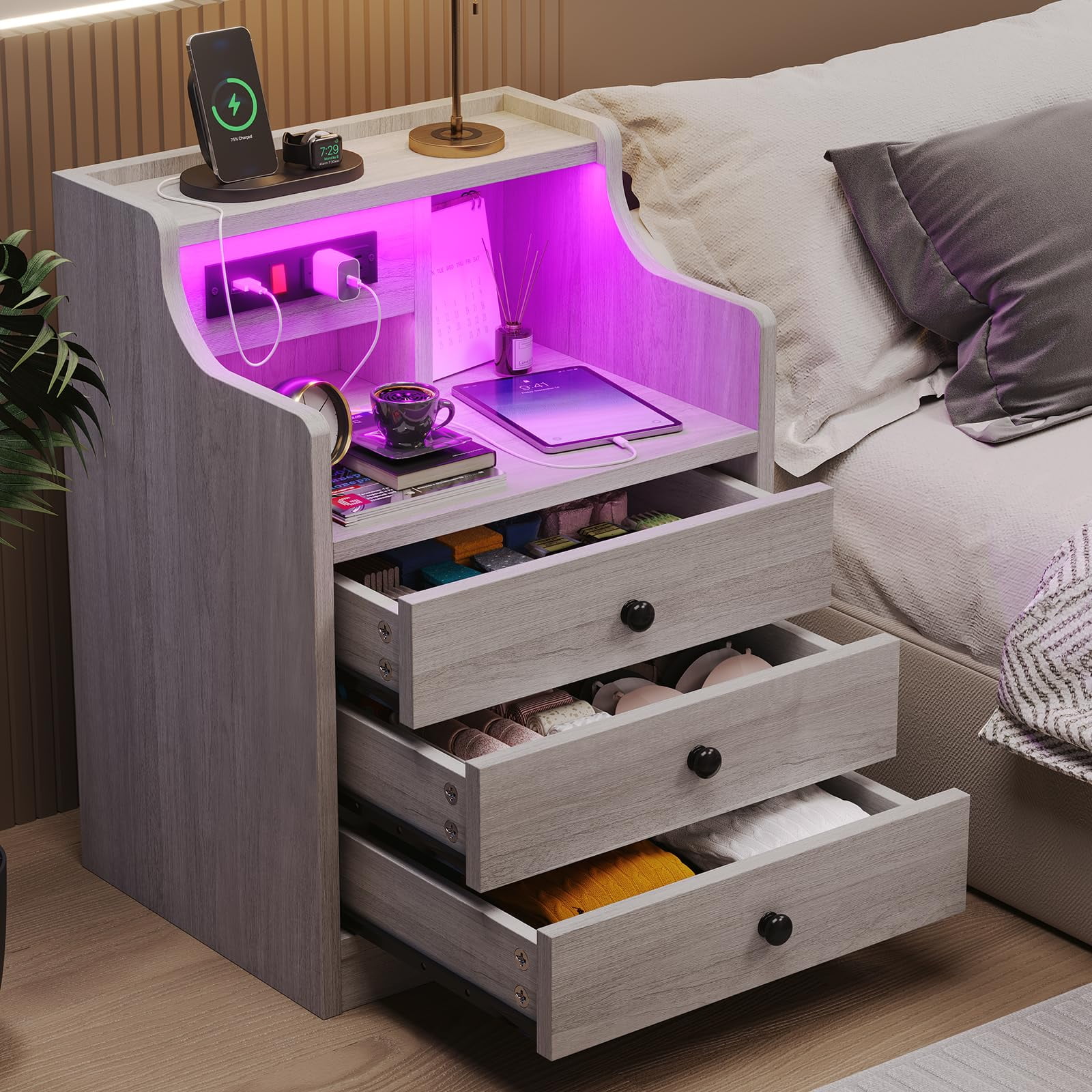 Afuhokles Nightstand Set of 2 with Charging Station and LED Lights, Night Stand with Hutch and Storage Drawers, Gray
