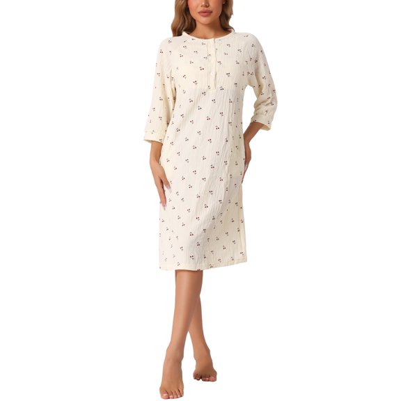 INSPIRE CHIC Women's Nightgowns Button Up Sleepwear 3/4 Sleeve Crew Neck Nightshirts Sleepshirt with Pockets M Cherry