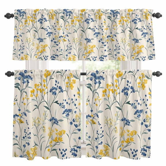 Yellow Blue Flowers Kitchen Curtains Sets for Windows 24 Inch Length, Watercolor Botanical Floral Plants Rod Pocket Window Treatments Tier Curtains and Valances Set for Bedroom/Bathroom