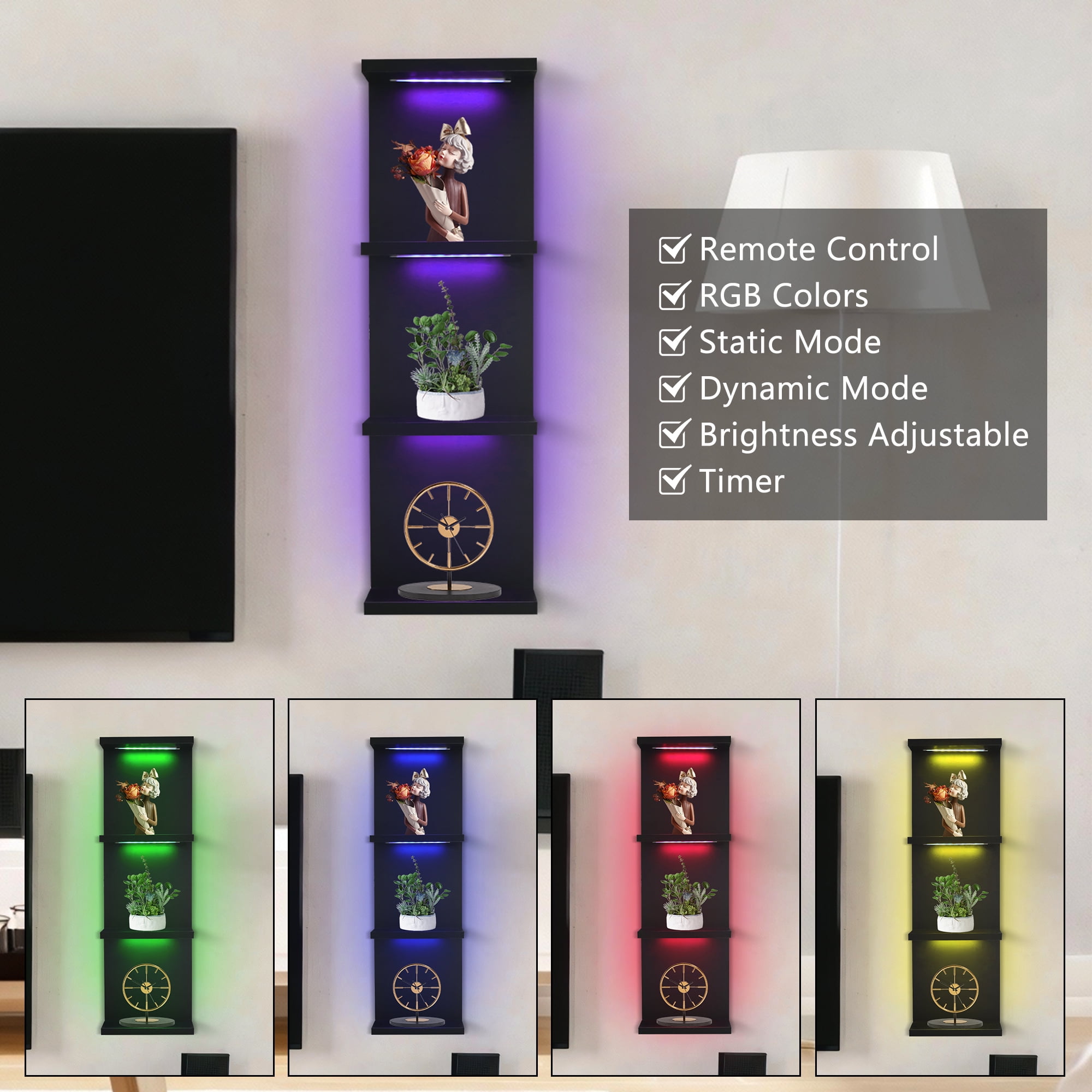 Versatile 4 Tier Wall Shelf Unit,Black Lack Wall Shelf,Display Floating Shelf with RGB Remote Control Light